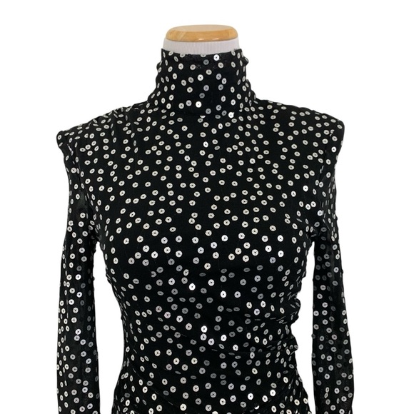 Cinq A Sept Marlene Mini Dress Womens 4 Black With Silver Sequins Ruched Side - Picture 3 of 17